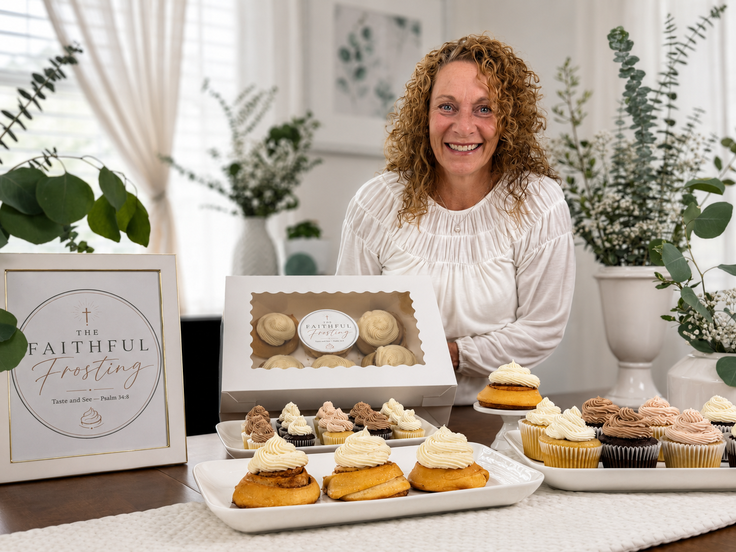 Diane smiling behind a display of sourdough cupcakes and cinnamon rolls